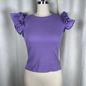 By Anthropologie Purple Ribbed Knit Shirt Ruffle Flutter Sleeves Women's XS